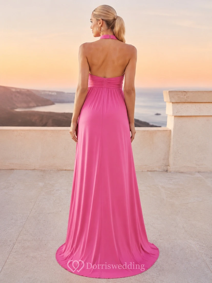 Maternity Halter Floor Length Jersey Empire Fuchsia Formal Dress view 2