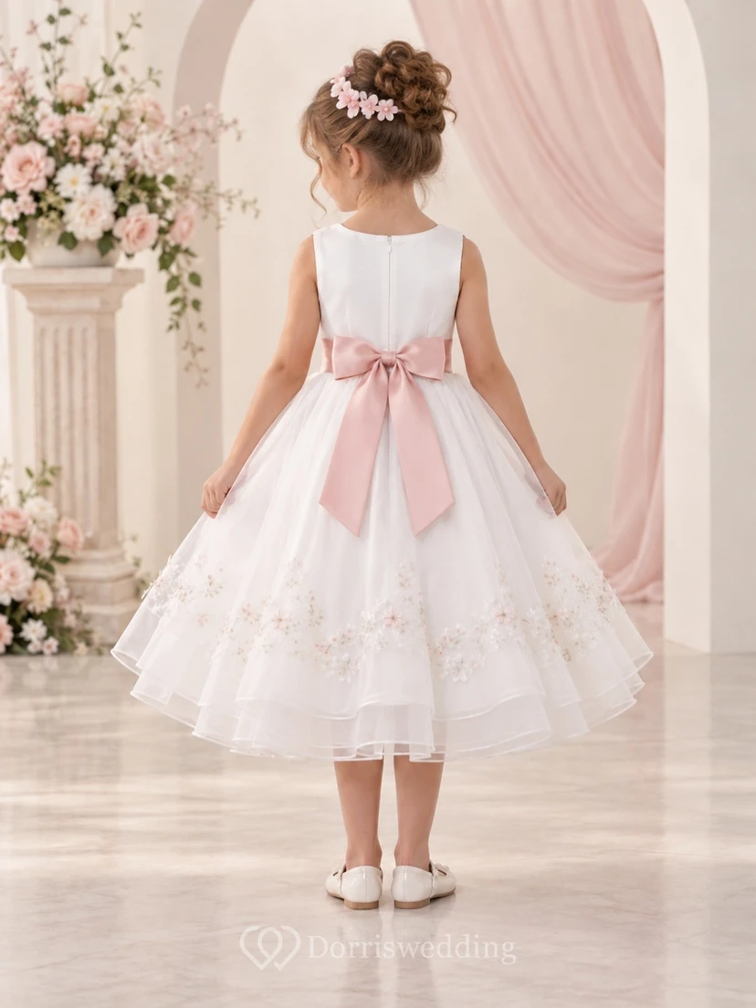 Vestido de niña de flores blanco, modesto, de corte A, sin mangas, con dobladillo bordado y ribete rosa, hasta la rodilla. view 2