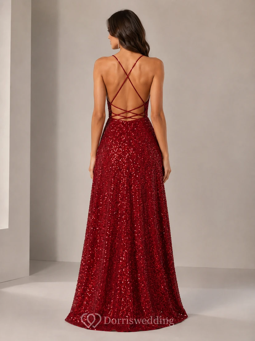 A-Linien-Abendkleid mit Pailletten, V-Ausschnitt, ärmellos, mit Paillettenbesatz und Schlitz vorne, bodenlang view 2