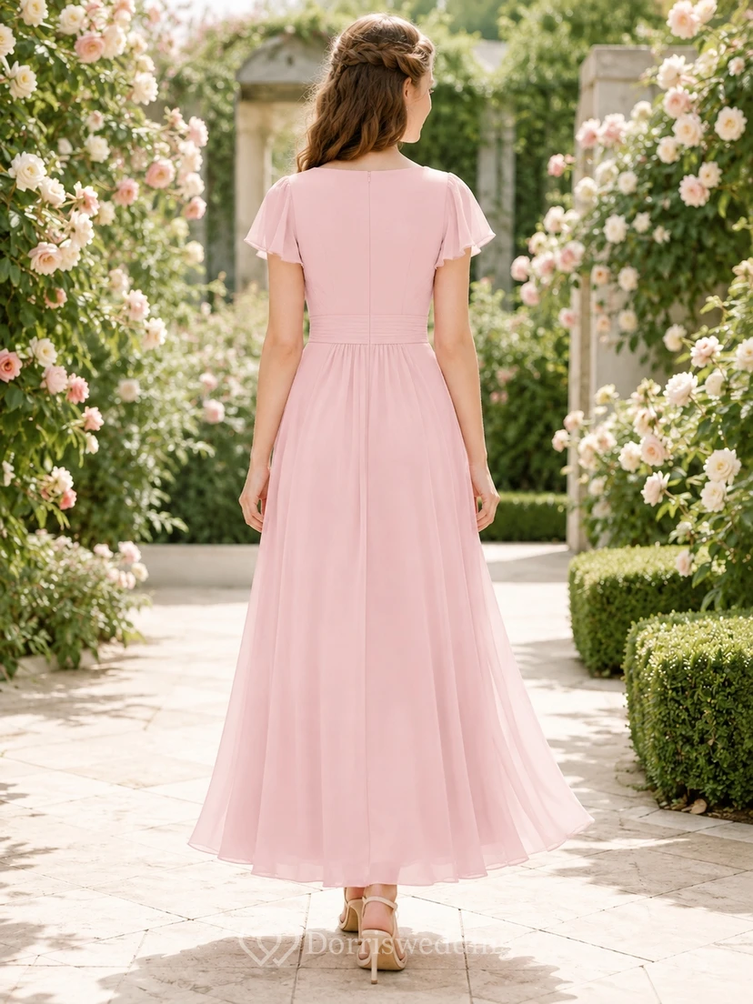 Romantisches, rosafarbenes Brautjungfernkleid für junge Frauen, A-Linie, V-Ausschnitt, kurze Ärmel, Teelänge, Chiffon view 2