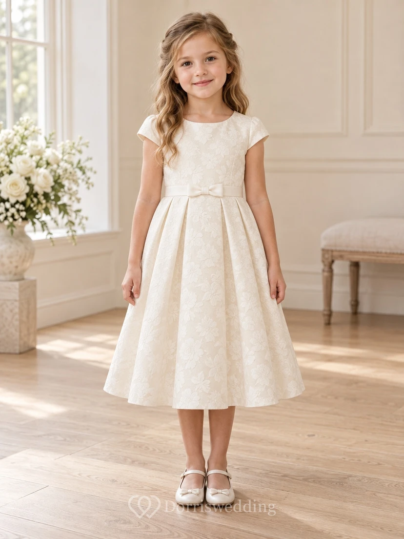 Tea-length Vintage Ivory A-line Floral Textured Cap-sleeve Pleated Flower Girl Dress