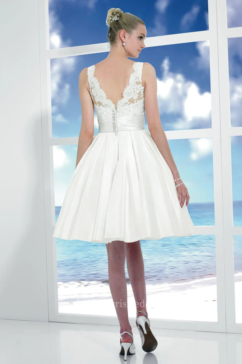 Midi Scoop Appliqued Satin Wedding Dress With Bow And V Back view 2