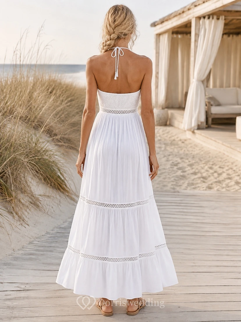 Bohemian White Halter Sleeveless Chiffon A-Line Tiered Floor-length Dress view 2