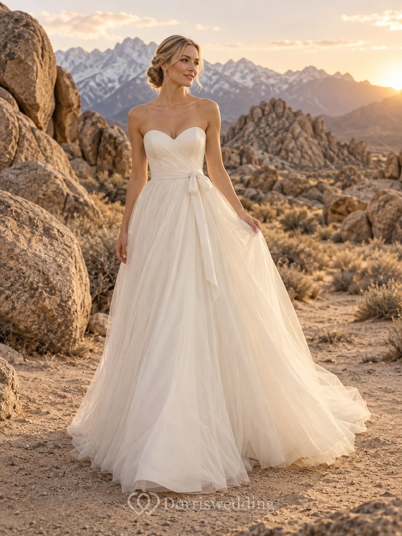 Vestido de novia sencillo, sin tirantes, de tul, corte A, escote corazón, sin mangas, con fajín y largo hasta el suelo.