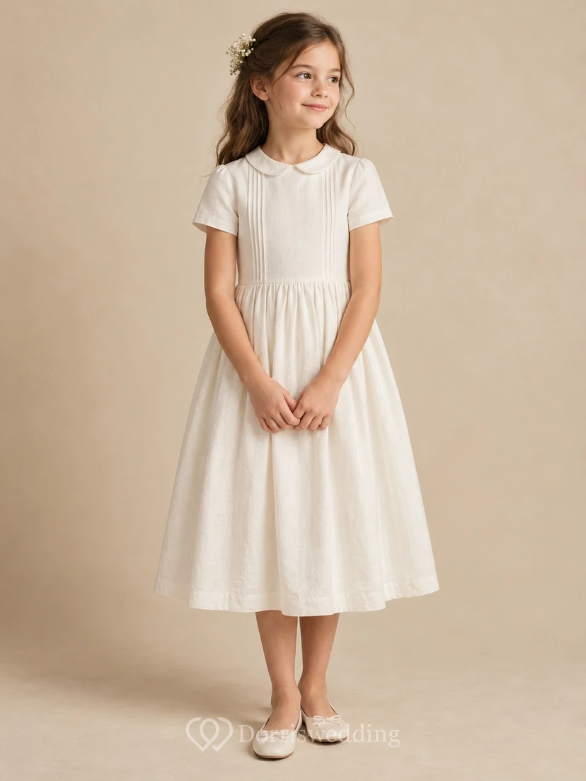Modest Ivory Tea-length Wide Rounded Collar Short Sleeve Fine Pintucked Flower Girl Dress view 2