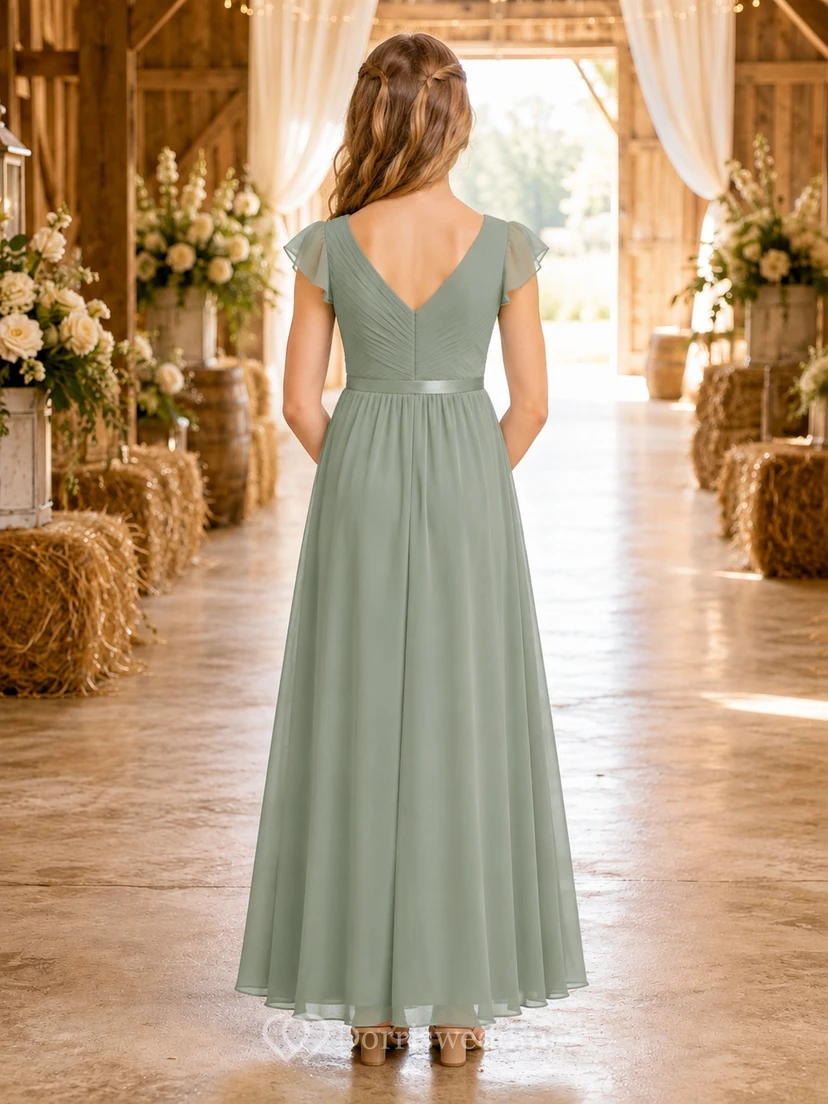 Celadonfarbenes Brautjungfernkleid für junge Damen, A-Linie, V-Ausschnitt, kurze Ärmel mit Rüschen, romantisch view 2