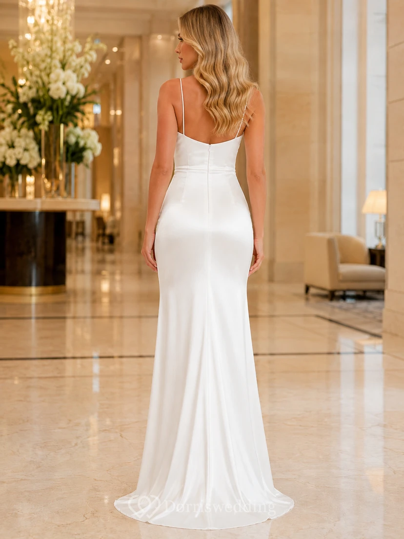 Pearl Tone Satin V-Neck Slit Sheath Evening Gown view 2
