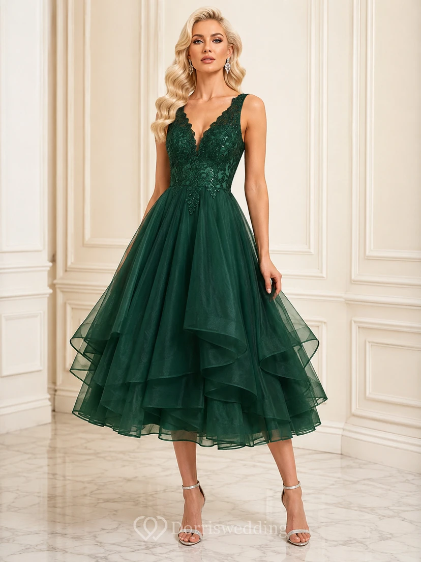 Robe de soirée vert foncé luxueuse, longueur thé, col en V, bretelles et dentelle superposée, idéale pour les 16 ans.