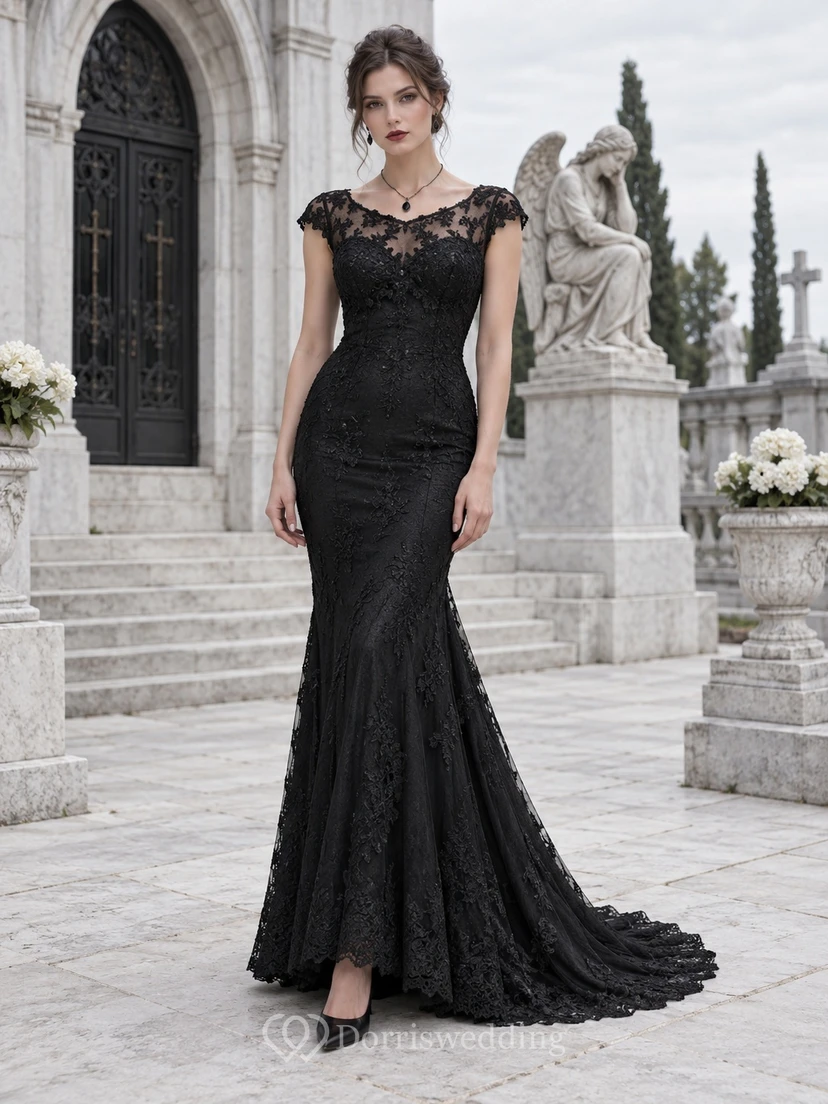 Gothic Black Mermaid Bateau Cap Sleeve Floral Lace Evening Gown