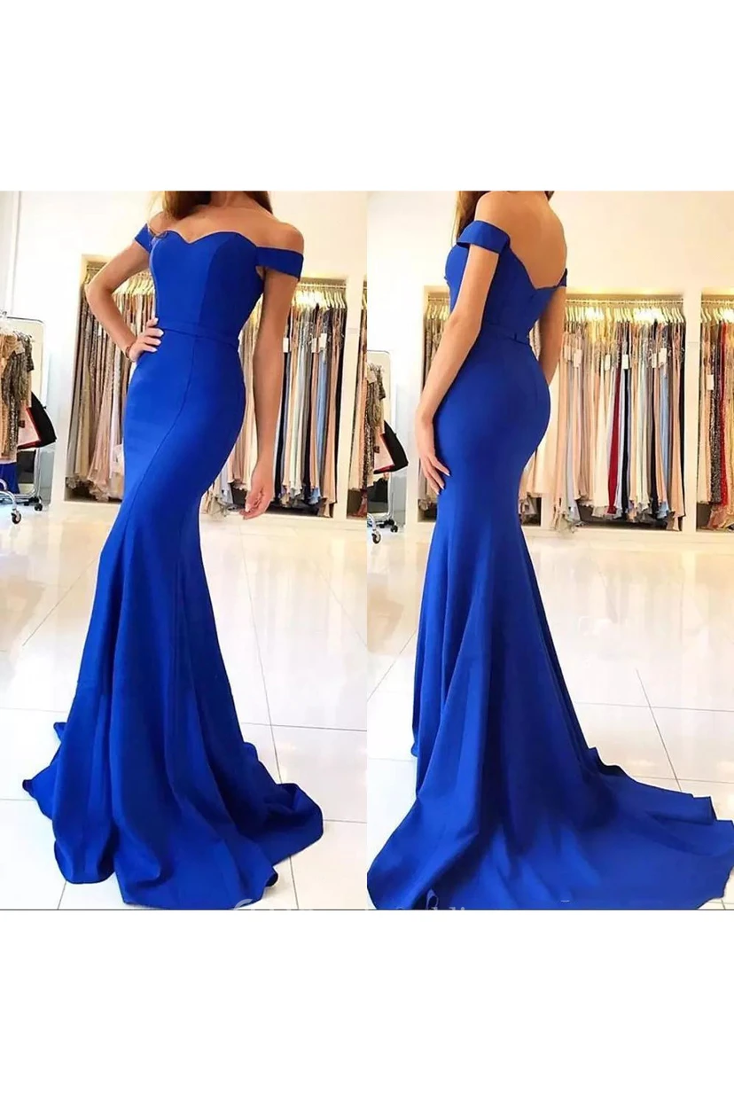 Off-the-shoulder Cap Short Sleeve Sweep Train Satin Trumpet Dress view 3