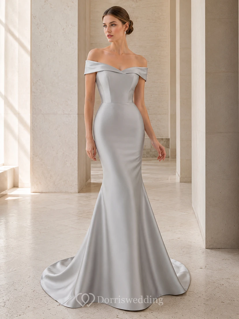 Robe de mariée sirène moderne et pudique en satin gris tourterelle, épaules dénudées