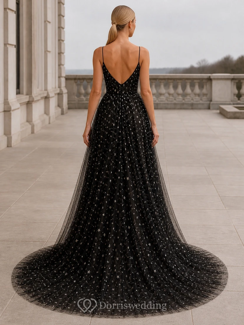 Black Luxury Star Sequin Ball Gown V-neck Sleeveless Floor-length Evening Dress view 2