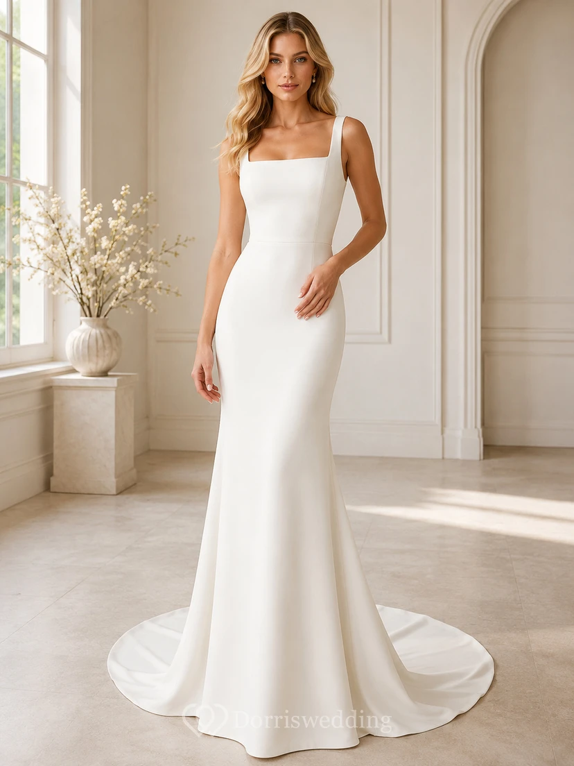 Brautkleid aus Satin, A-Linie, trägerlos, mit Schleppe