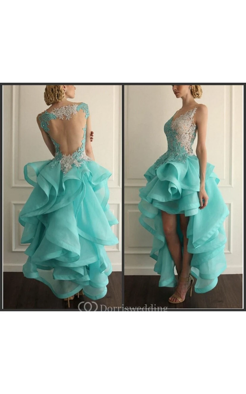 Sexy Hi-Lo Sleeveless Prom Dress With Appliques Ruffles view 2