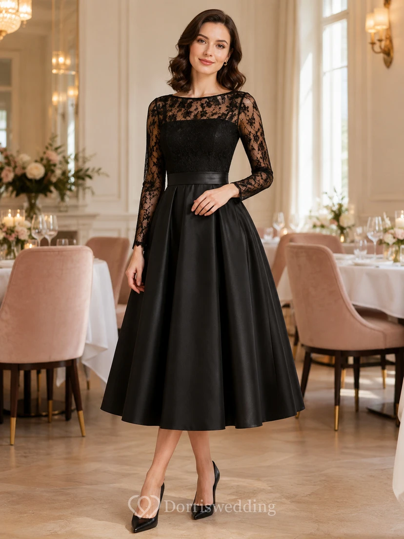 Robe de cocktail/thé modeste à manches longues en dentelle illusion noire