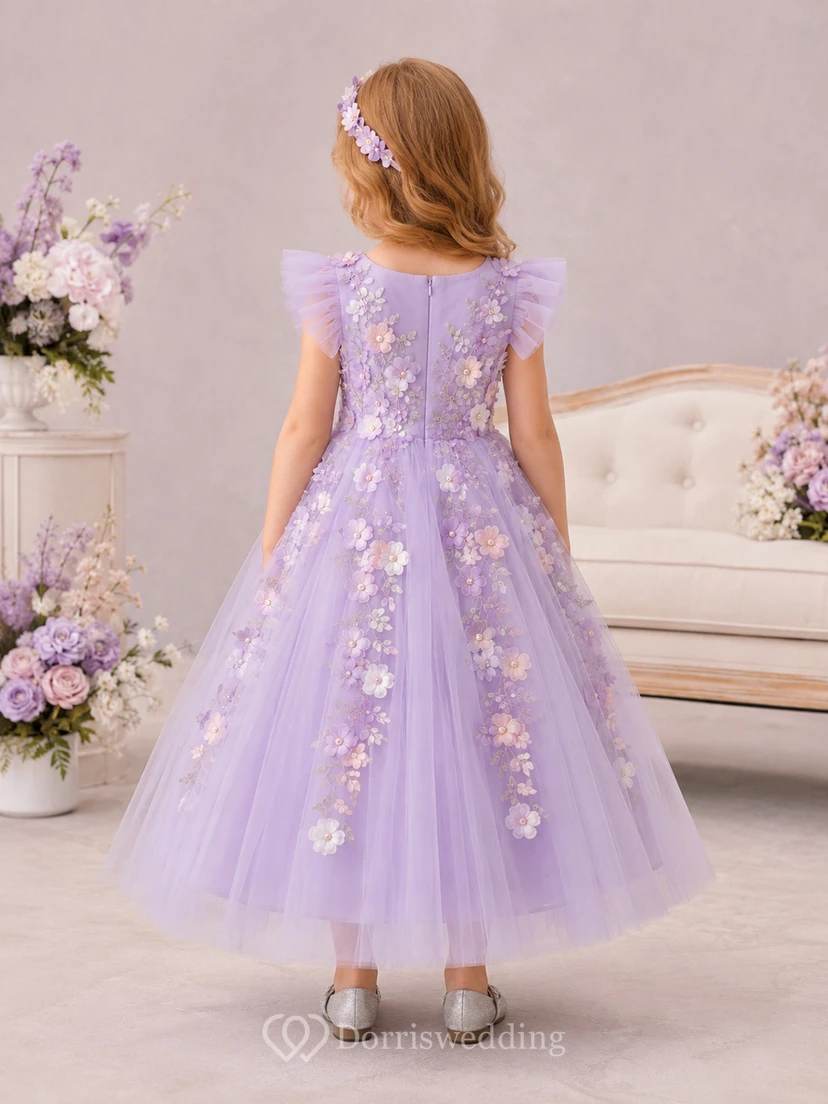 Robe de demoiselle d'honneur mi-longue en tulle lavande à manches papillon et appliqué floral 3D view 2