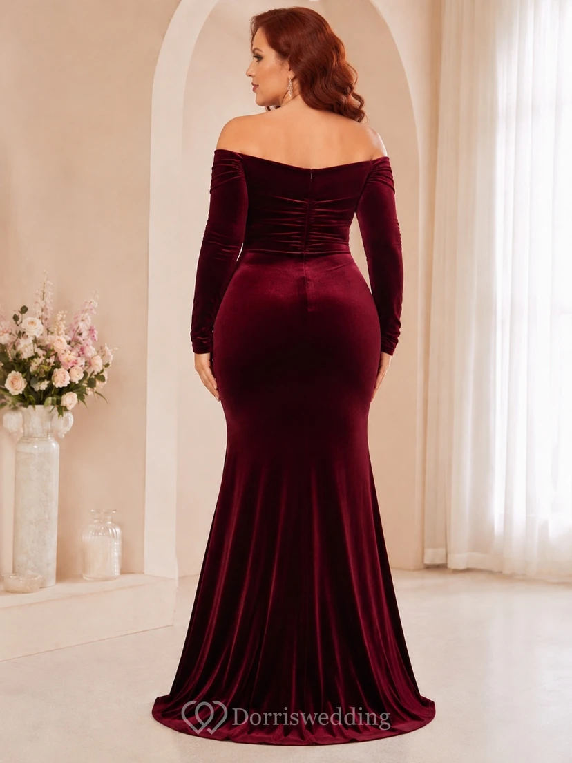 Burgunderfarbenes, schulterfreies, langärmeliges Meerjungfrauen-Abendkleid in Übergröße view 2