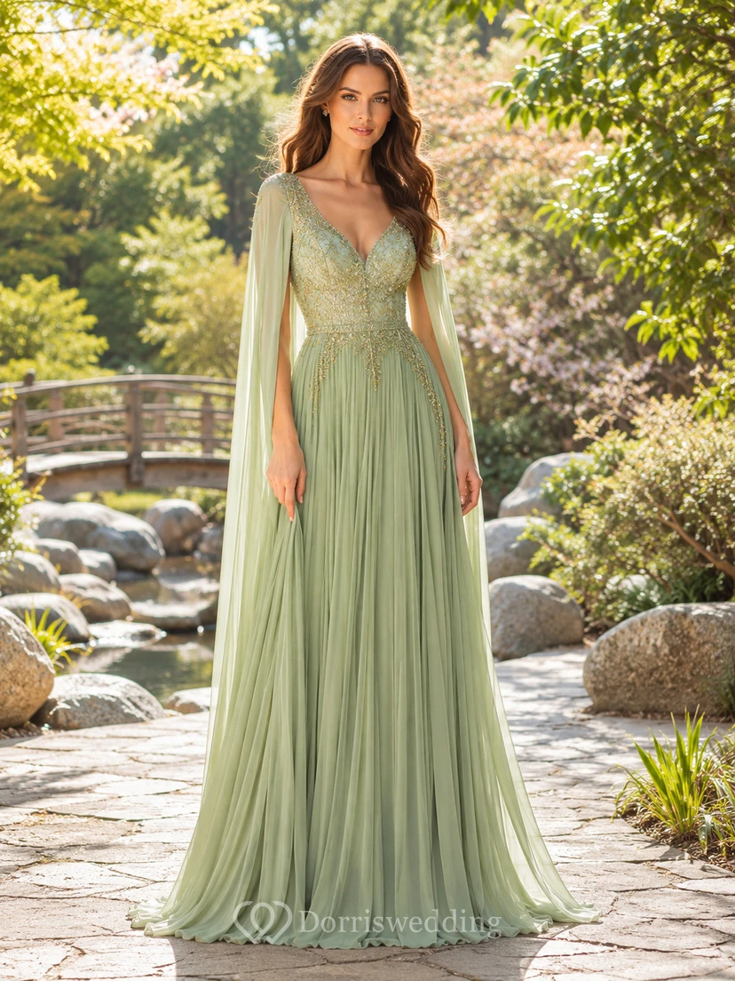 Sage chiffon A-line gown with lace bodice and cape sleeves