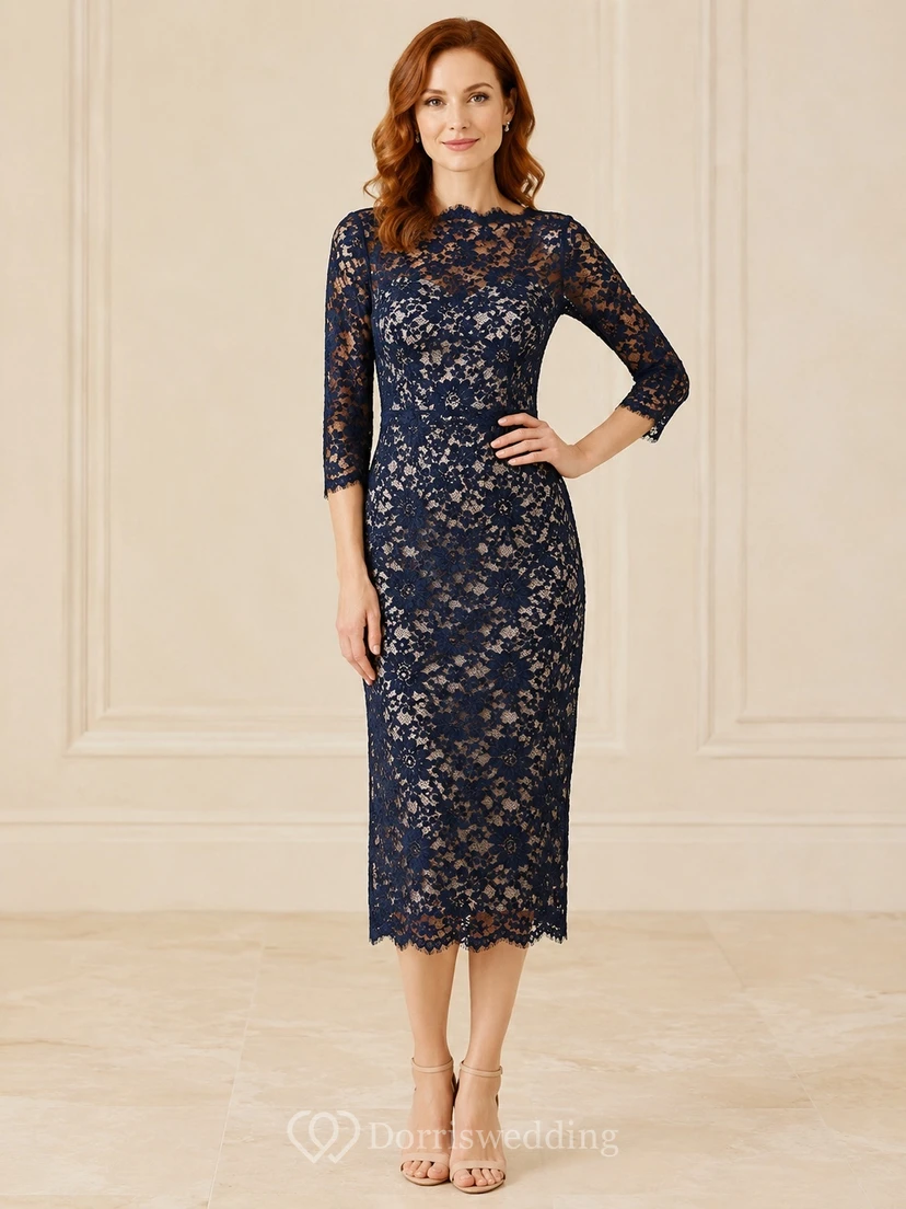 Ink Navy Floral Lace Long Sleeve Sheath Knee-length Formal Dress