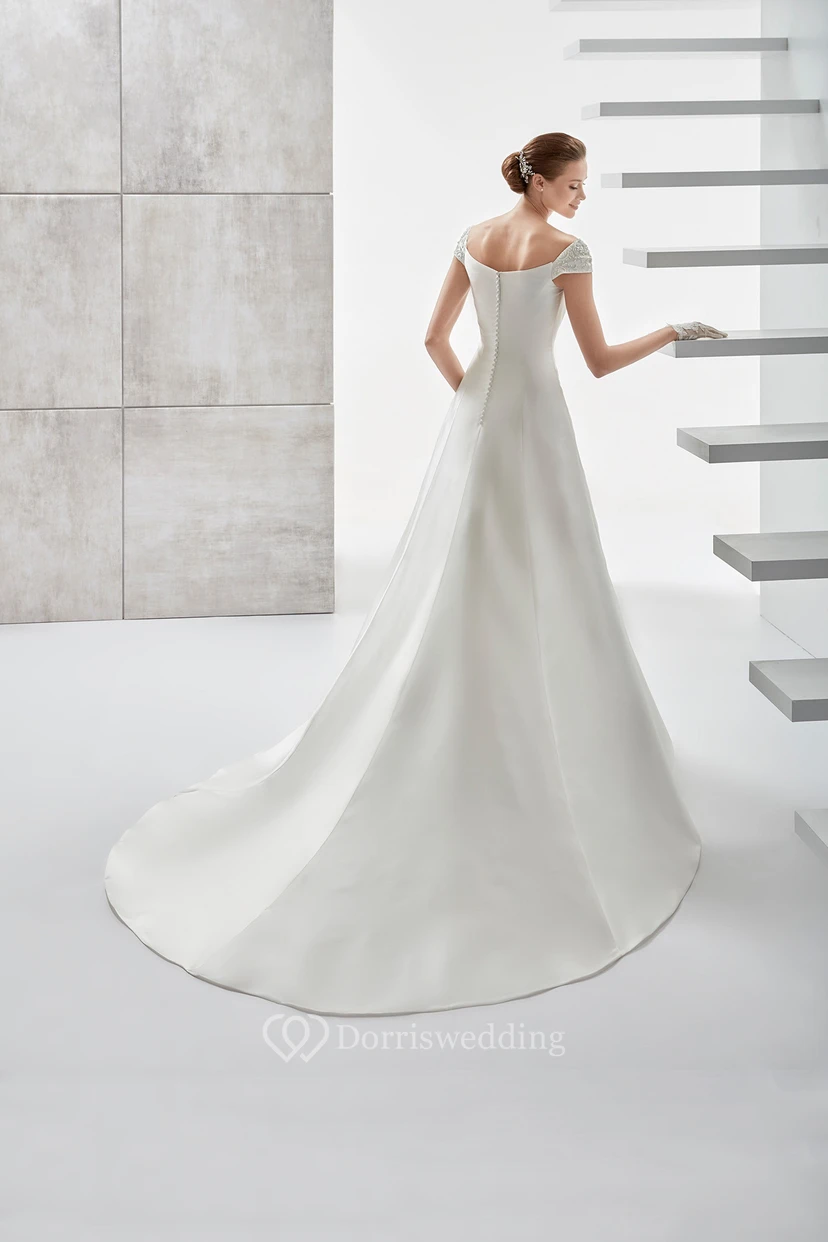 Simple Cap-Sleeve Satin A-Line Wedding Dress With Brush Train And Lace Straps view 2