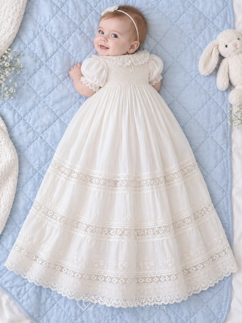 White Lace Collar Puff Sleeve Smocked Long Baby Christening Dress view 2