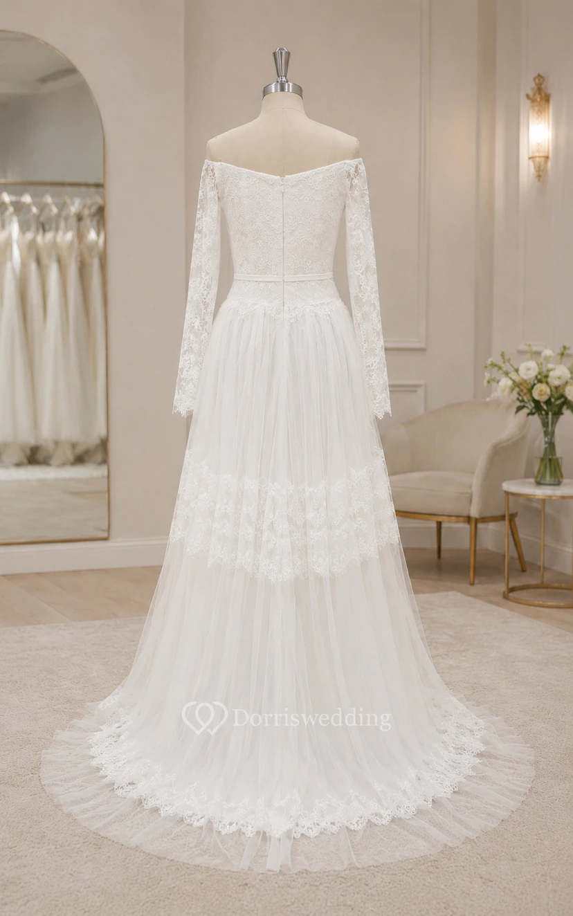 Robe de mariée ivoire à épaules dénudées, manches longues et dentelle à volants view 8