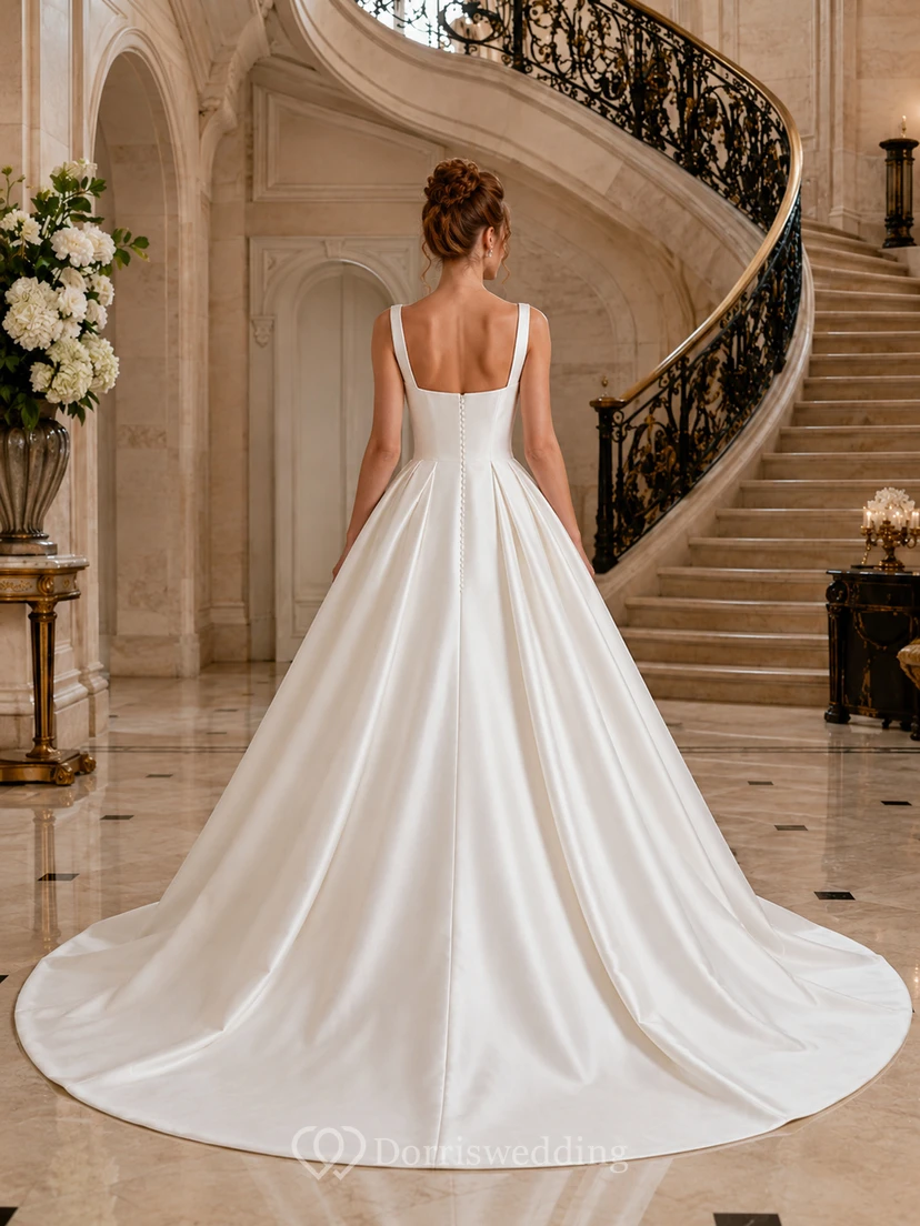 Vestido de novia de satén y tul, estilo princesa, con escote cuadrado, sin mangas, cola larga y espalda en V baja. view 2