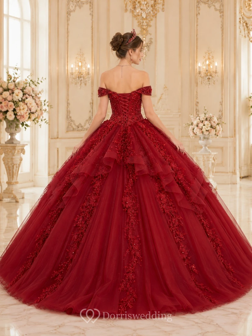 Red Lace Applique Off Shoulder Cap Sleeve Grand Tulle Ball Gown Quinceanera Dress view 2