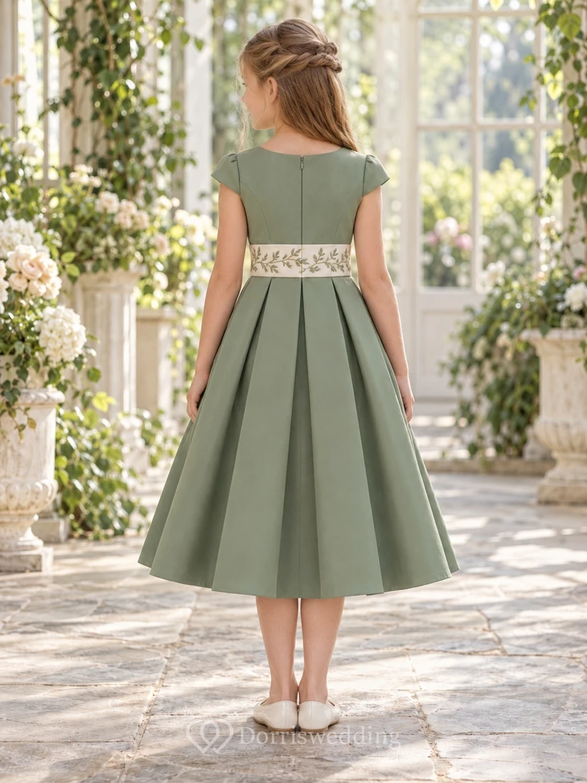 Sage Contrast Leaf Sash Cap Sleeve Pleated Flower Girl Dress view 2