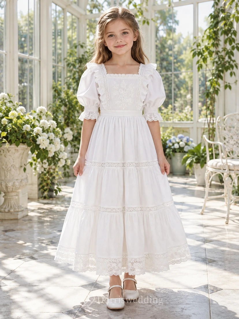 Victorian White Square Neck Puff Sleeve Tiered Flower Girl Dress