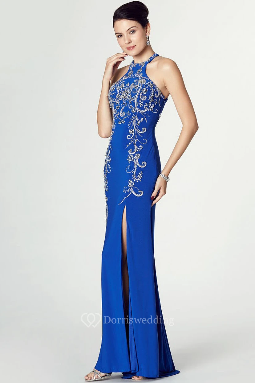 Sheath High Neck Sleeveless Beaded Jersey Prom Dress