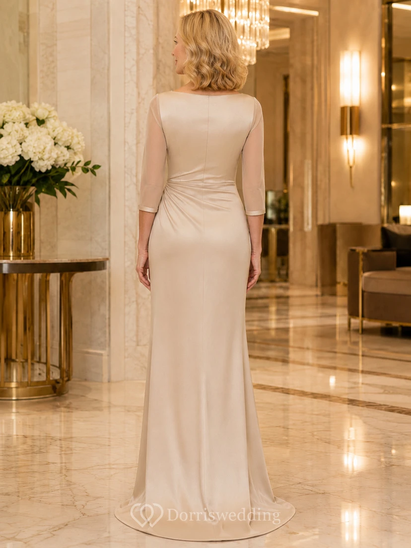 Champagne Mature Bateau Half Sleeve Evening Gown view 2