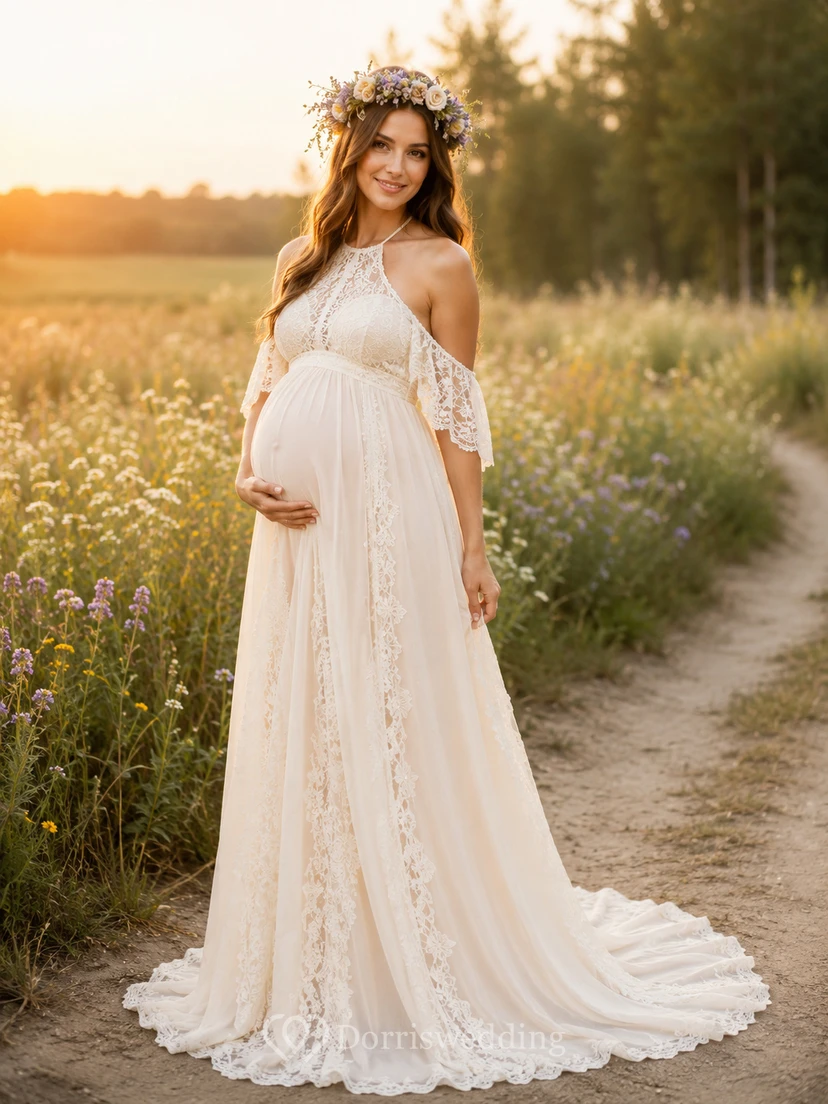 Umstandskleid mit One-Shoulder-Schulter und Spitzenärmeln im Landhausstil für Hochzeiten