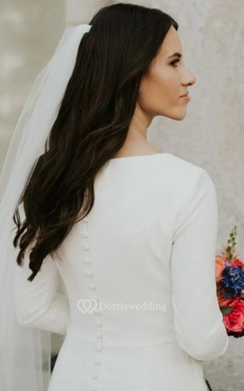 Robe de mariée longue et sobre à manches longues grande taille | Robe de mariée blanche musulmane simple et maxi view 4