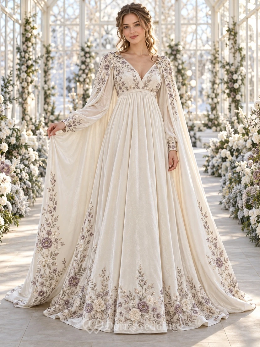 Vestido de novia de invierno estilo imperio con manga larga, escote en V y capa de terciopelo morado con estampado floral.