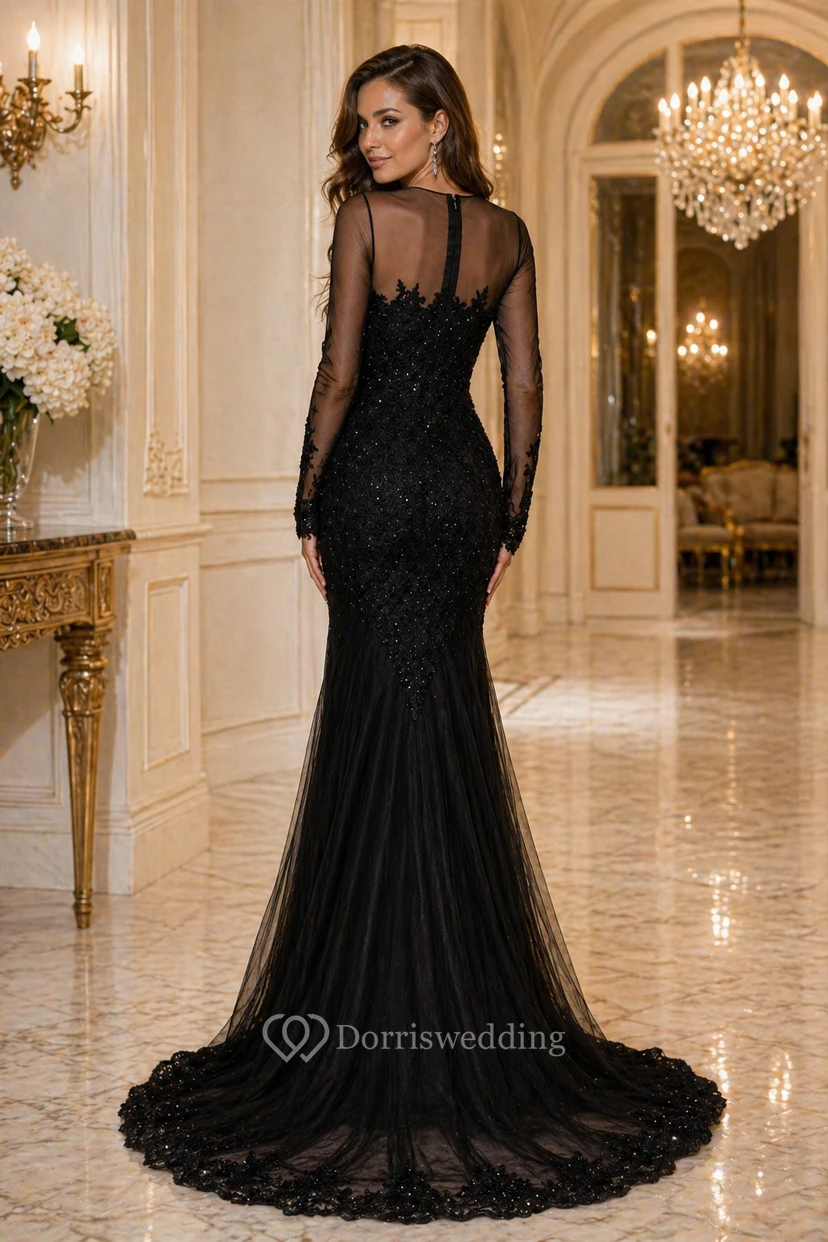 High Neck Mermaid Floor-length Sweep Brush Train Long Sleeve Lace Evening Dress with Zipper Back view 2