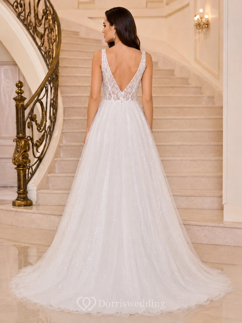 White Deep V Neck Lace Tulle A Line Chapel Train Prom Dress view 2
