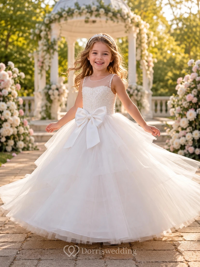 Luxury Tulle Floor-Length Ball Gown Illusion Pearl Bow Flower Girl Garden Wedding Dress
