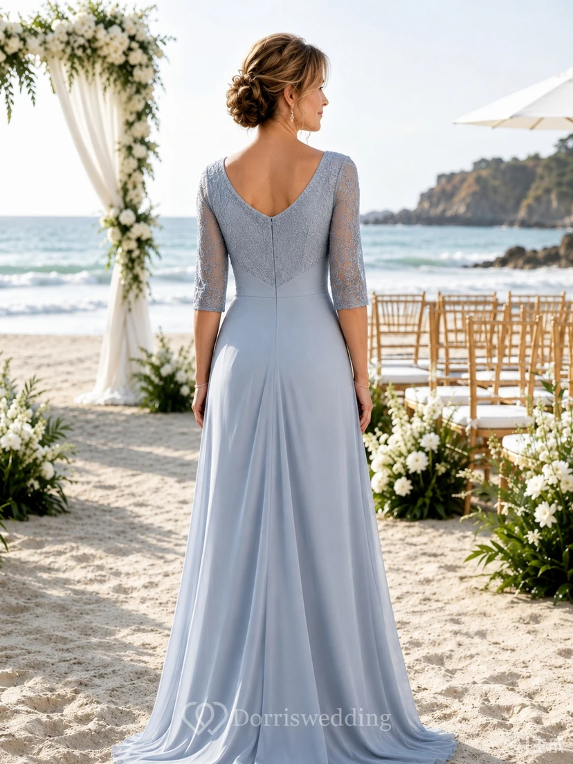 Steel Blue Lace 3/4 Sleeve Chiffon A-Line Mother Dress view 2