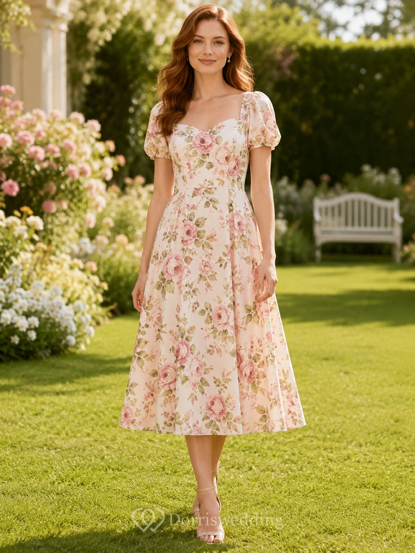 Blush floral puff sleeve A-line garden midi dress