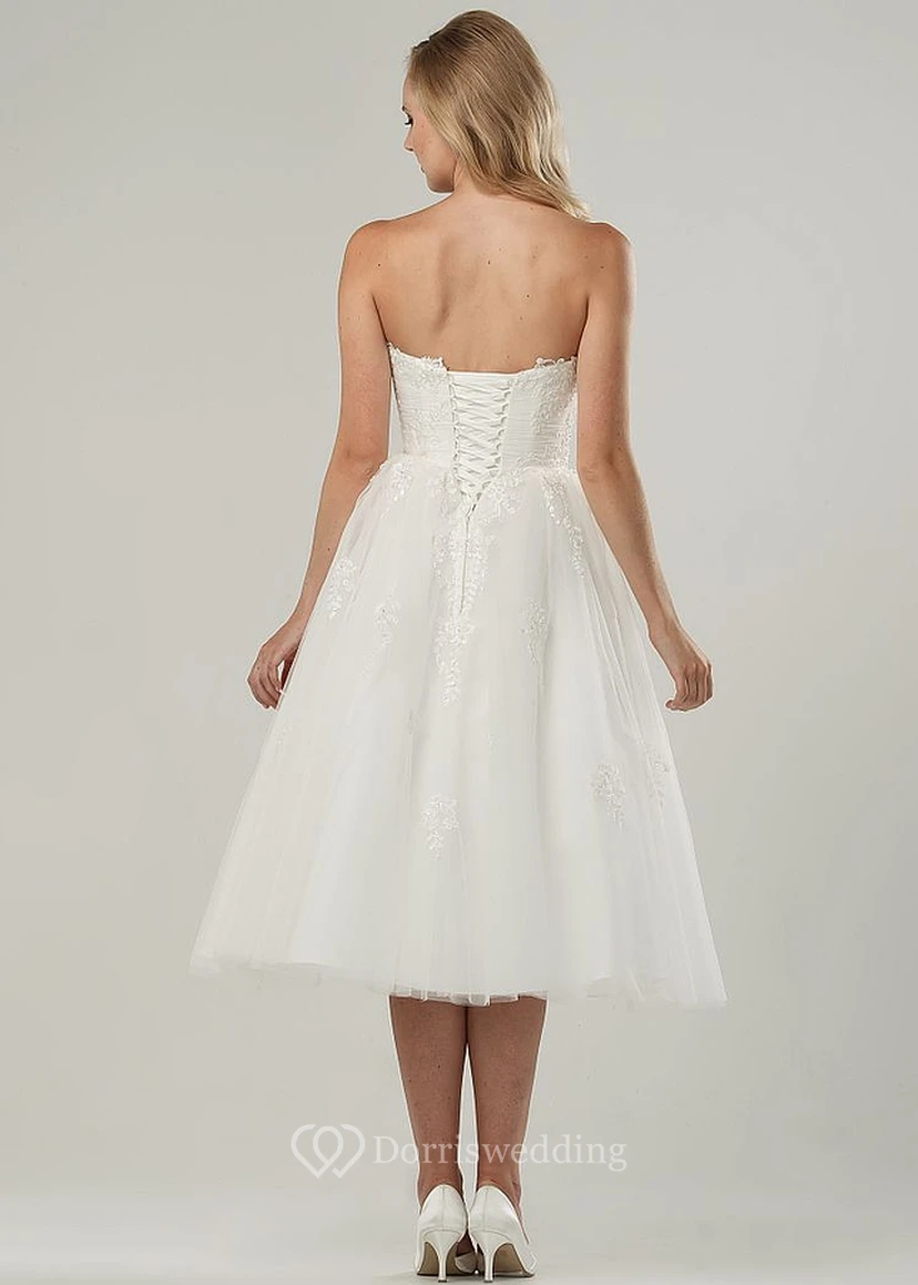 A-Line Tea-Length Criss-Cross Strapless Tulle Short Wedding Dress With Appliques And Corset Back view 2