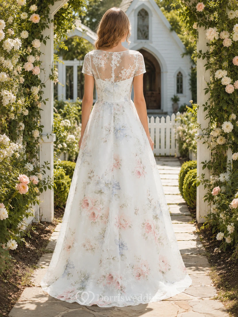 Vestido de novia de manga corta con estampado floral en tonos pastel y largo hasta la rodilla. view 2