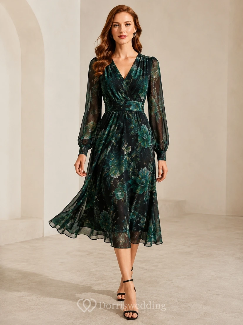 Dark Green Floral Chiffon V-Neck Long-Sleeve A-Line Tea-length Cocktail-Dress
