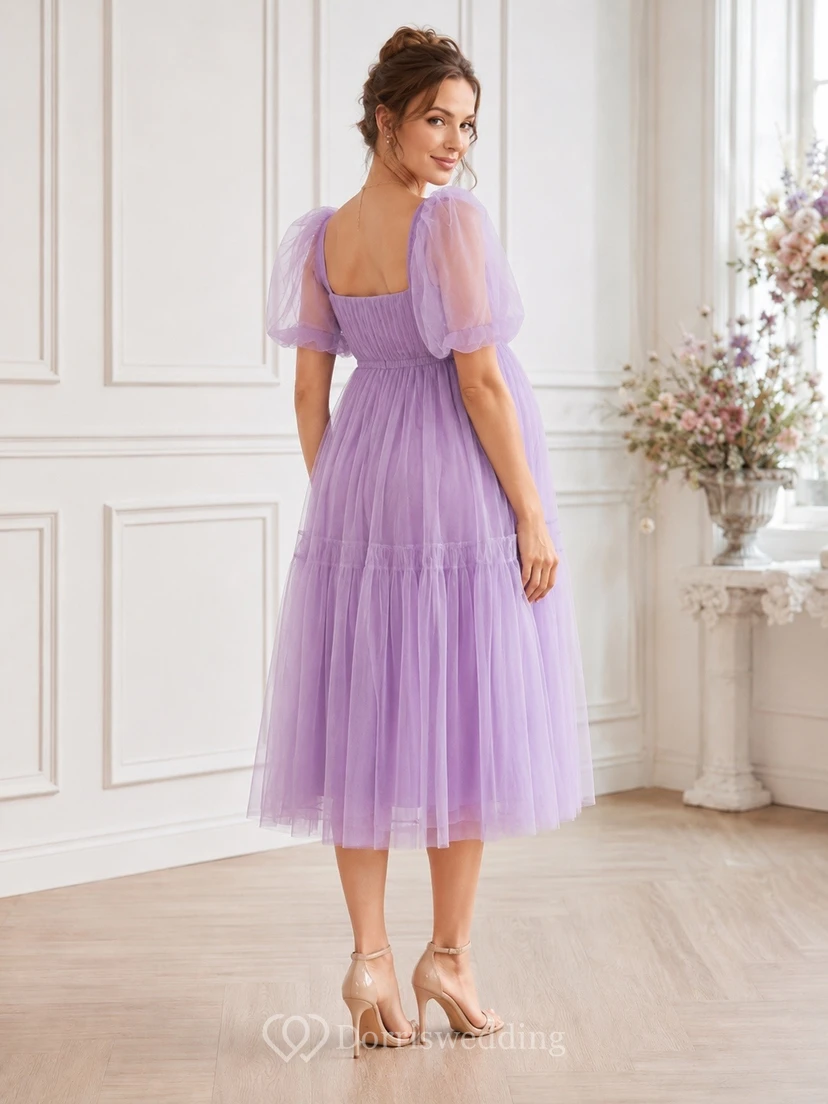 Lavender Maternity Square Neck Puff Short Sleeve Tulle Tea-length A-line Romantic Dress view 2