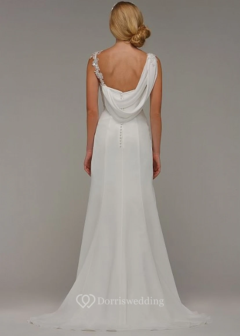 Sheath Appliqued Long V-Neck Sleeveless Chiffon Wedding Dress With Draping And Ruching view 2