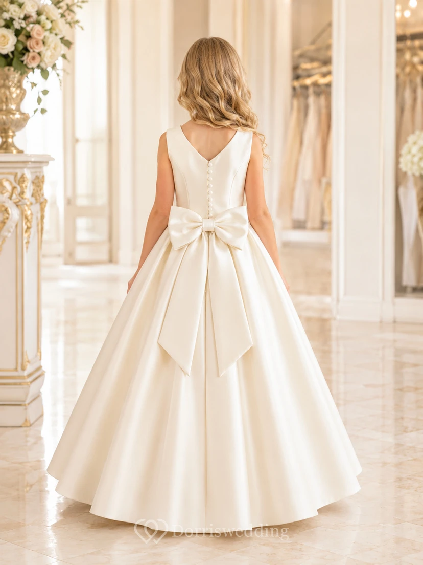 Blumenmädchenkleid aus elfenbeinfarbenem Satin, A-Linie, mit Rundhalsausschnitt, bodenlang, Schleifendetail view 2
