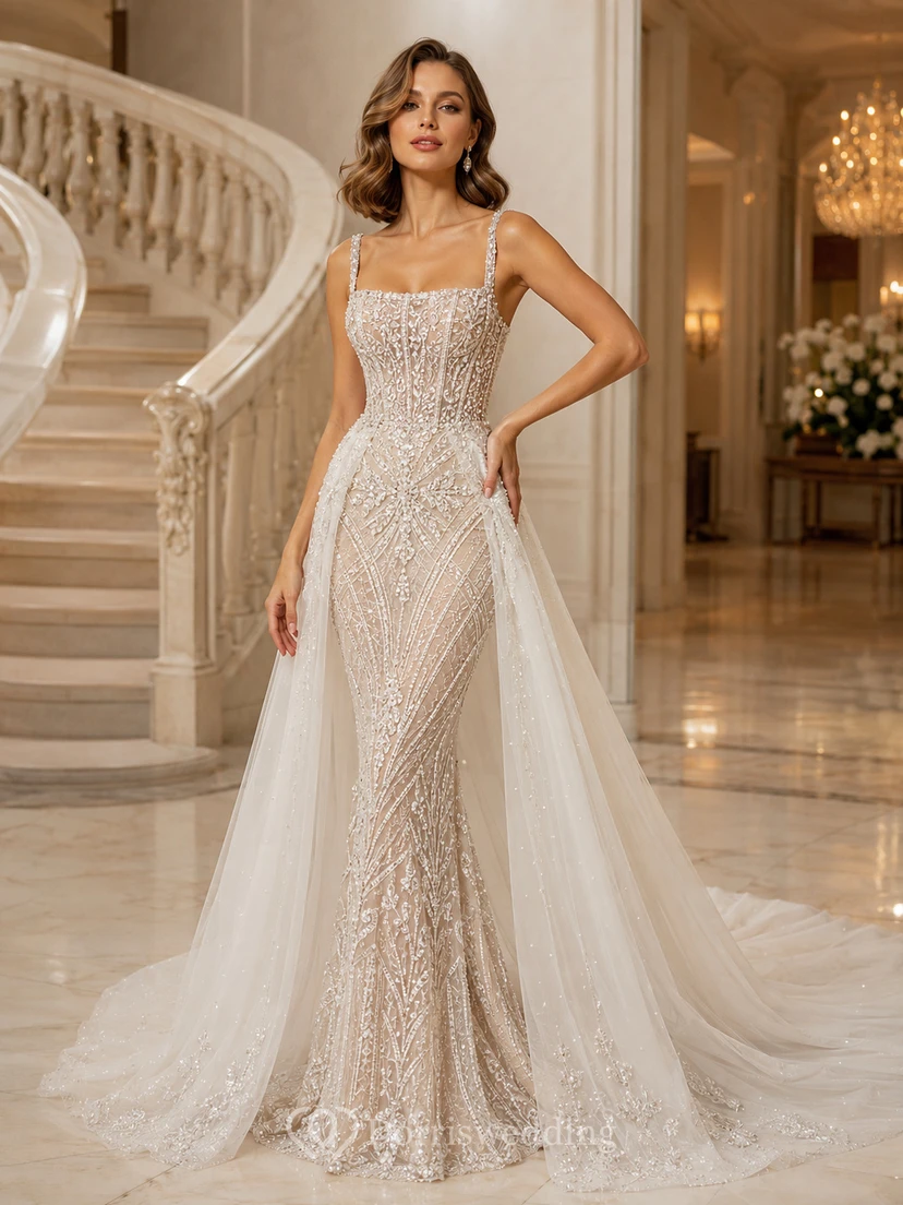 Robe de mariée intemporelle en dentelle et tulle, col carré, bretelles carrées, coupe sirène, sans manches, traîne courte, surjupe amovible, idéale pour une salle de bal.