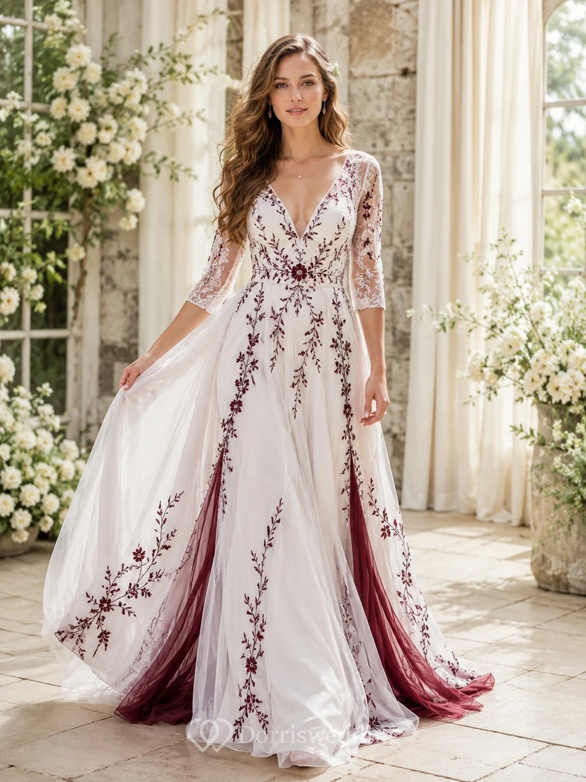 Burgundy Lace Three-Quarter-Sleeve V-Neck A-Line Chapel-Train Romantic Wedding Dress