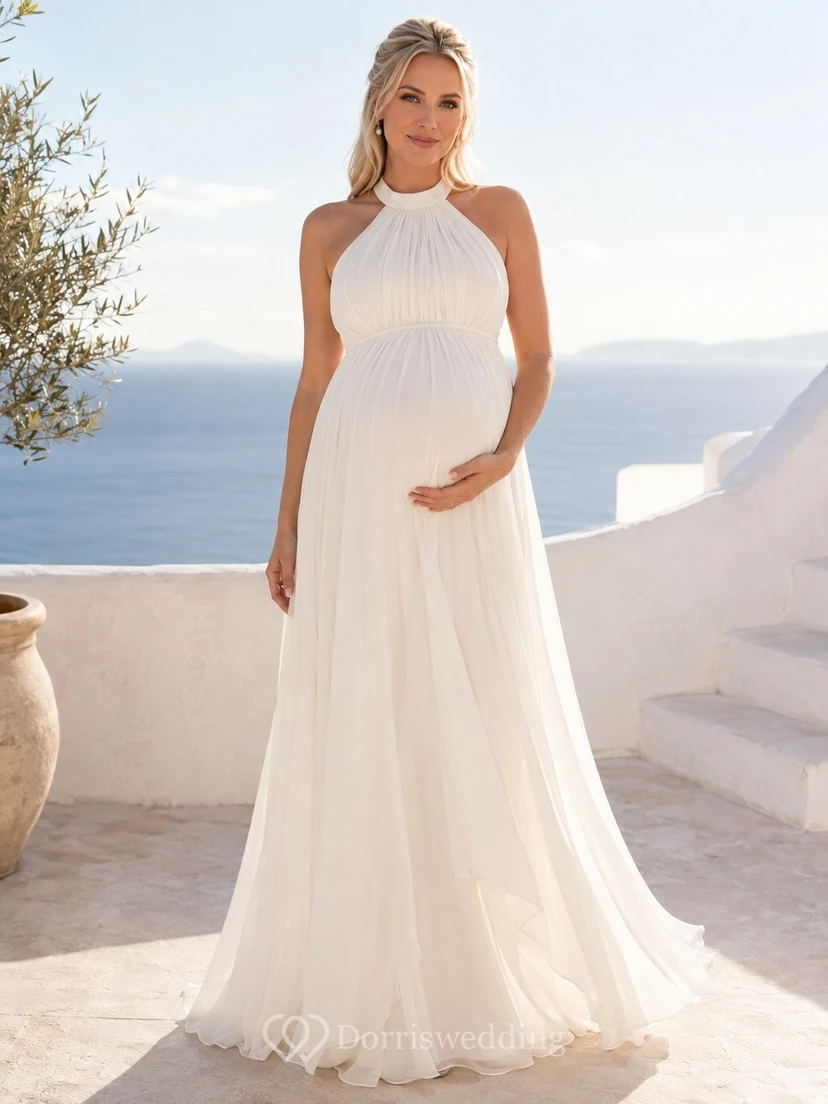 Elegante vestido de novia largo hasta el suelo, de gasa, corte A, sin mangas y con escote halter.