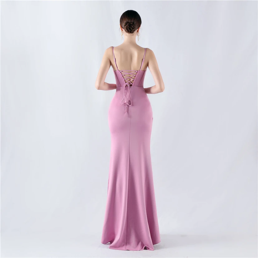 Fishbone Waist Strap Satin Host Meeting Evening Dress view 33